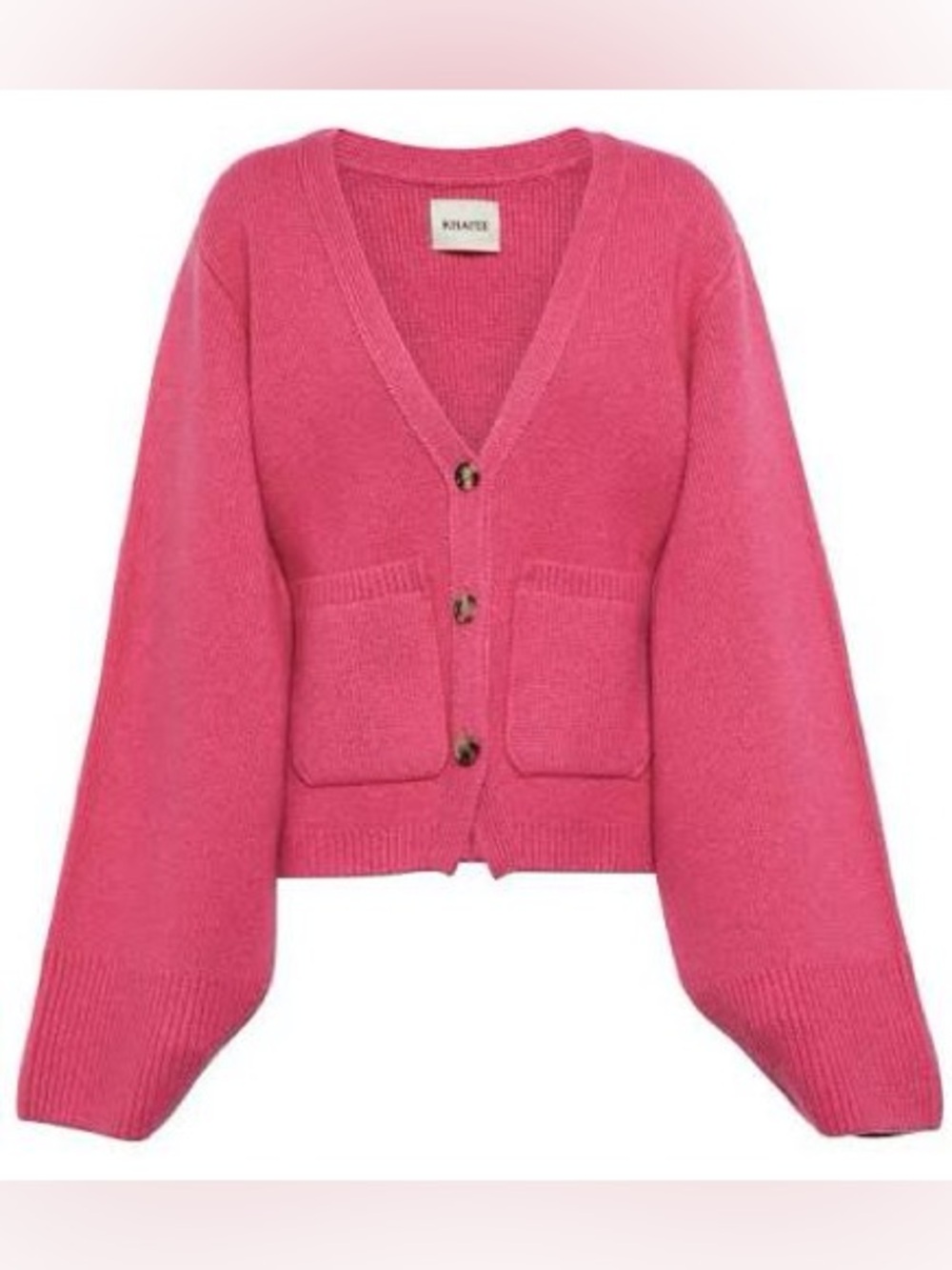 KHAITE Pink Scarlet V‑Neck Button Cardigan with Patch Pockets